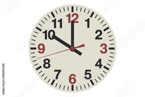 A simple analog clock displays the time as ten minutes to ten on a clean white background.