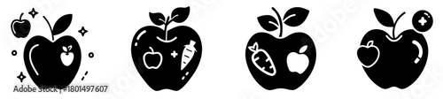 Collection of four black silhouette icons representing apples with various designs, including a cherry, sparkles, and internal fruit or vegetable shapes, all isolated on a