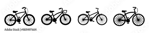 Four black silhouette icons of bicycles, showcasing different styles and designs of bikes, all isolated on a