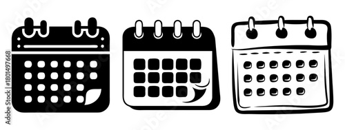 Three different calendar icons in black and white, isolated on