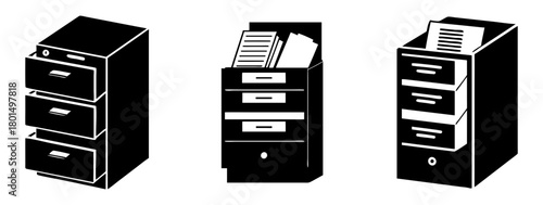 Collection of black and white icons representing filing cabinets and document storage solutions, isolated on