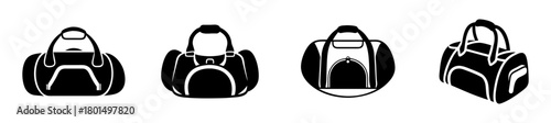 Group of black and white icons illustrating different styles of duffel bags and gym bags, representing travel, sports, and carrying gear, isolated on