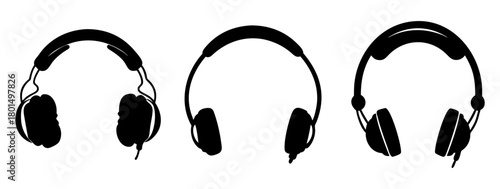 Three black silhouette headphones isolated on, each with a different design and style, representing audio, music, and sound technology