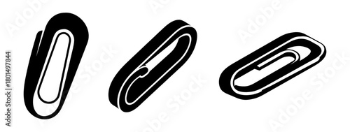Three black and white graphic representations of paper clips in different perspectives, showing their metallic structure and function for holding papers together, isolated on