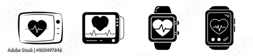 Four black silhouette icons representing heart rate monitoring devices isolated on, including two electrocardiogram monitors and two smartwatches displaying heartbeats
