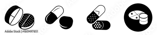 Collection of black and white icons representing different types of pills and capsules, including round tablets and elongated capsules, on a