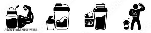Collection of icons representing fitness and nutrition, including protein shakes, a muscular arm, and a person drinking a shake, isolated on