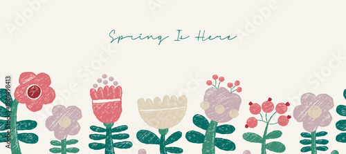 Hand-drawn Crayon Spring Floral Seamless Border. Blooming poster with Flower, Plants and Red Berry on White Background. Primitive Textured Vector horizontal illustration. Not AI
