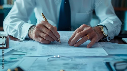 Experienced individual diligently working on official paperwork, using distinguished golden pen on cluttered wooden surface