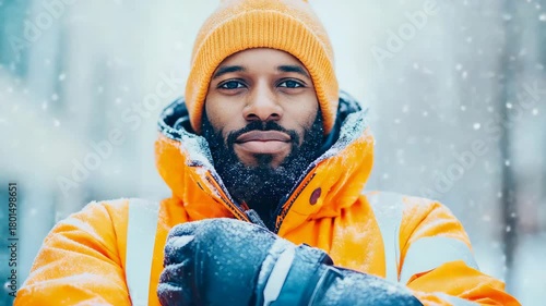Determined individual in striking orange cold weather parka and beanie amidst winter snowfall