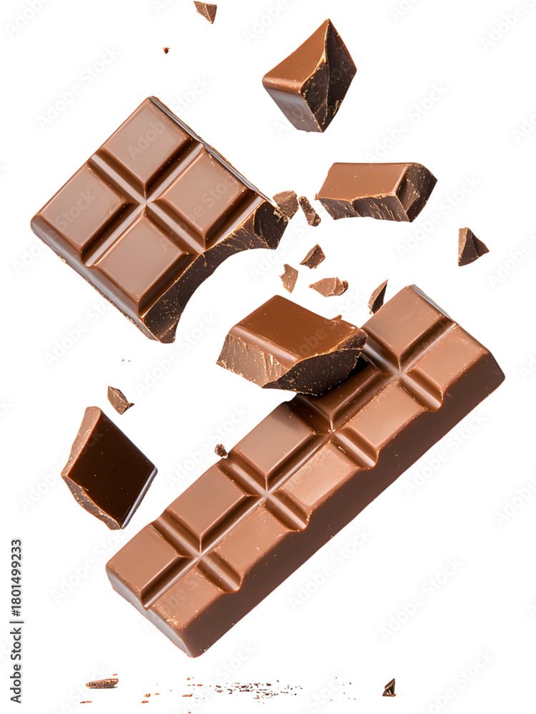 Fototapeta premium Floating bar of dark chocolate with pieces breaking apart on white background. Realistic sweet dessert element perfect for food design and advertising.