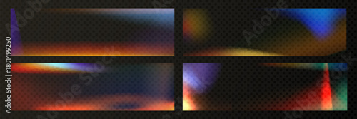 Collection of light leak effects on transparent film background. Vector realistic illustration of subtle red, orange, blue noise overlay, color gradient texture for retro photo editing, vintage filter