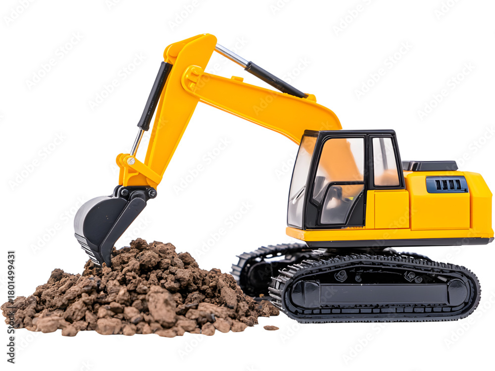 Obraz premium Yellow excavator digger moving soil, isolated on white background. Heavy construction machinery element for industry and engineering design.