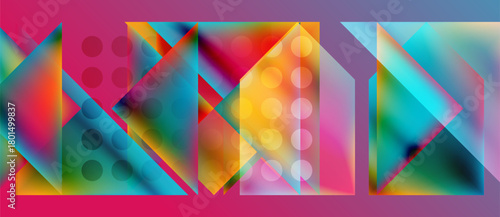 Abstract geometric composition. Vivid colors blend, creating dynamic shapes. Triangles, circles overlap, forming complex patterns. Modern digital art.
