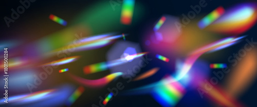 Prism light flare effect with rainbow spectrum dispersion on dark background. Optical lens aberrations with colorful bokeh elements and chromatic distortions. Abstract sun light hologram glare bg.