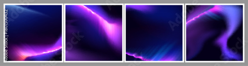Aurora borealis color backgrounds set. Vector realistic illustration of abstract blue, pink, purple gradient effect, northern light in night winter sky, beautiful backdrop for wallpaper, poster design