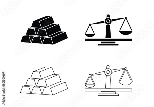 Gold bars and balance scales in outline and solid - Vector icon symbol for website - Icon vector - Blue icon vector -  Flat Design Icon