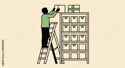 Illustration of person placing boxes on shelf using ladder safety