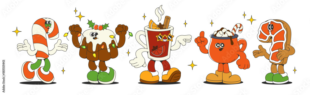 Fototapeta premium Groovy Christmas characters set isolated on white. Vector cartoon illustration of retro xmas stickers with happy candy cane, sweet cake, hot drink, gingerbread mascots, smiling winter holiday symbols