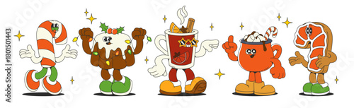 Groovy Christmas characters set isolated on white. Vector cartoon illustration of retro xmas stickers with happy candy cane, sweet cake, hot drink, gingerbread mascots, smiling winter holiday symbols