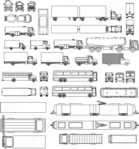Technical vector set of large vehicles: trucks, buses, trailers, and trains in top, side, and front elevation views.