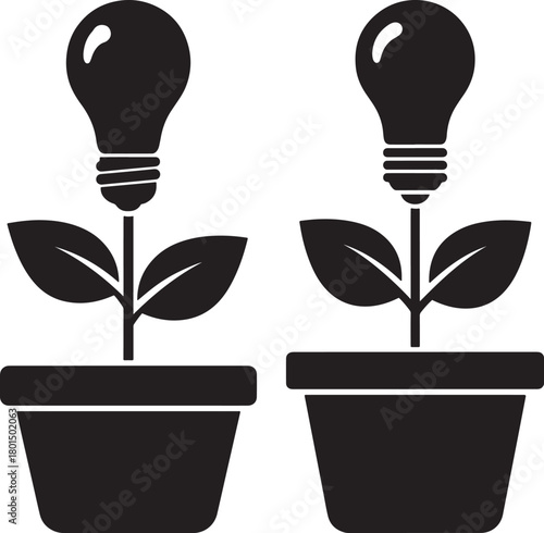 Two lightbulb plants growing in pots silhouette