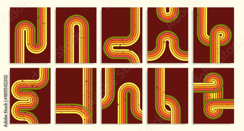 Retro rainbow lines with scratches on brown background. Vector set of 70s style posters with grungy color parallel stripe waves and swirls, abstract groovy art wallpaper, music album cover design