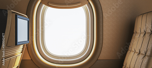 Luxury airplane cabin interior with leather seat, entertainment screen, and window in golden tones showing bright sky outside. 3D Rendering