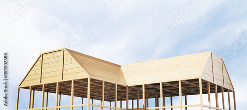 Tableau sur toile Wooden house frame under construction with detailed roof structure against blue sky background in light environment concept