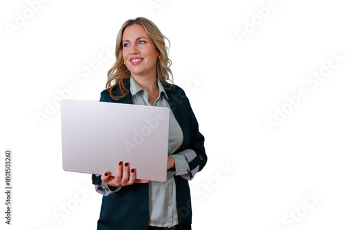 Fotografie Professional businesswoman holding laptop, smiling, looking away, reflecting con