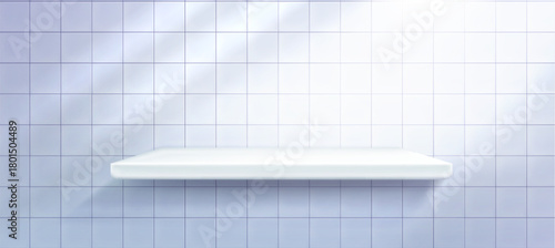 Empty bathroom shelf on tile wall background with light shadows. Vector realistic illustration of shower or kitchen product presentation podium, plastic or ceramic accessory for home interior design