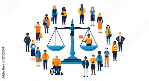 Illustration depicting a diverse group of people surrounding a scale, symbolizing justice and equality.