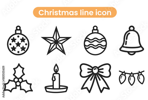 Christmas line icon collection. Thin outline icons pack—Christmas Bauble, Star, Bell, Holly, Candle, Bow, String Lights - stock vector.