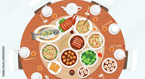 A top-down view of a round table laden with a variety of delicious Chinese dishes, set for a celebratory feast.