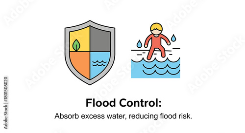 Flood control measures depicted with a shield and a person in water, illustrating risk reduction.