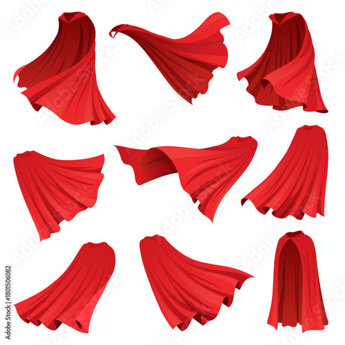 Superhero red cape in different positions, front and side view. Scarlet fabric silk cloak. Mantle costume or cover cartoon vector set