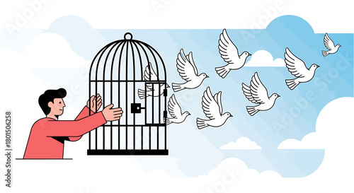 Man opening a birdcage, releasing white doves into the sky, symbolizing freedom.