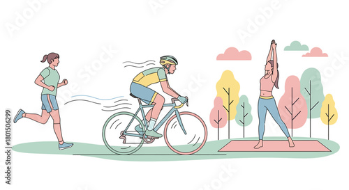 An illustration of people enjoying outdoor activities like running, cycling, and yoga in a park.