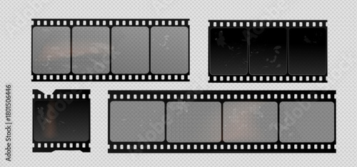 Vintage film strip frame with realistic photo negative border and old camera elements. Classic 35mm cinema reel design with retro photography effects. Black celluloid texture and filmstrip pattern.