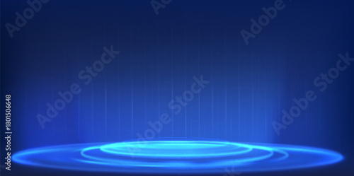 Futuristic data podium display with 3D holographic background technology. Blue neon platform with digital tech elements and AI interface. Modern stage with circular light effects for product showcase.