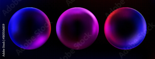 3D gradient spheres and abstract bubbles on black background. Futuristic flowing shapes blend neon colors from blue to pink and red with soft light effects. Dynamic fluid modern circular forms.