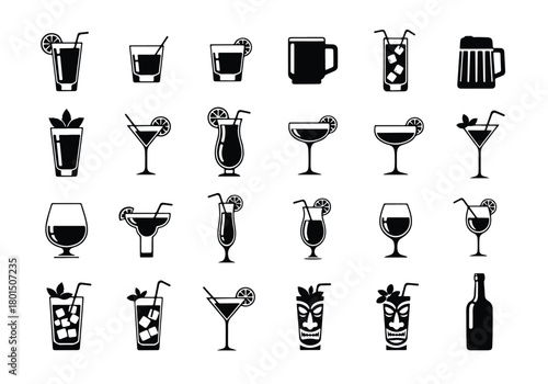 Diverse drink and cocktail glass silhouette icons. - Vector icon symbol for website - Icon vector - Blue icon vector -  Flat Design Icon