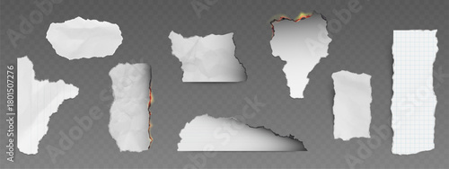 Paper with burnt and torn edges frame effect. Distressed sheet with scorched borders and ripped texture isolated on transparent. Vintage paper cutout design for grunge scrapbook or aged document.