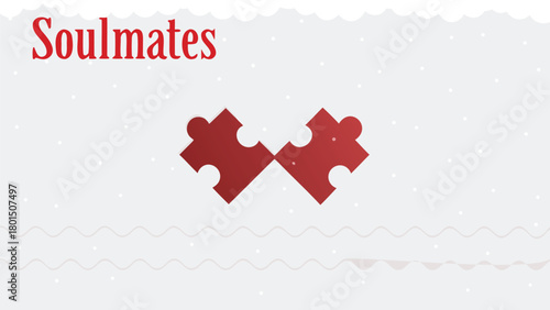 Two red puzzle pieces fitting together perfectly symbolizing soulmates and true love with the word soulmates above and a soft snowy background