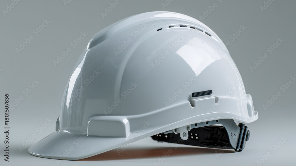 Fototapeta premium White construction helmet made of durable plastic with adjustable straps and ventilation slots, isolated on soft gray background for safety concept