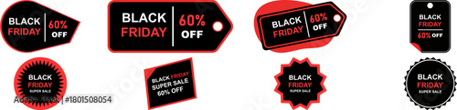  Vector Black Friday Sale Tag Set 60 Percent OFF Discount Label Collection