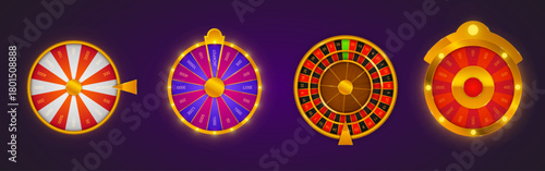 Luxury casino fortune wheel with golden elements and sparkles for online gambling interface. Vector roulette design with prize segments and lucky arrows. Glowing 3D gaming wheel on dark background.