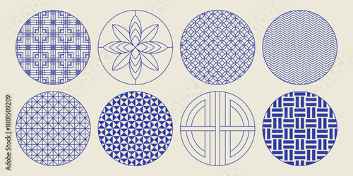 Japanese circle pattern with traditional Asian frames and oriental design elements. Vector collection of blue geometric symbols and decorative lines in vintage kimono art. Classic Eastern motifs.