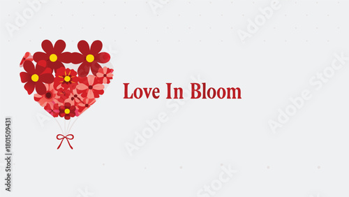 A heart shaped balloon made of red and pink flowers with a red bow floating against a light grey background with the text love in bloom