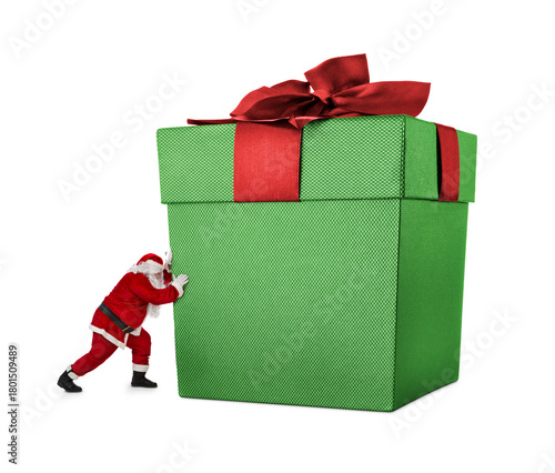Close up of Santa Claus pushing huge bag of presents isiolated on transparent background, png file